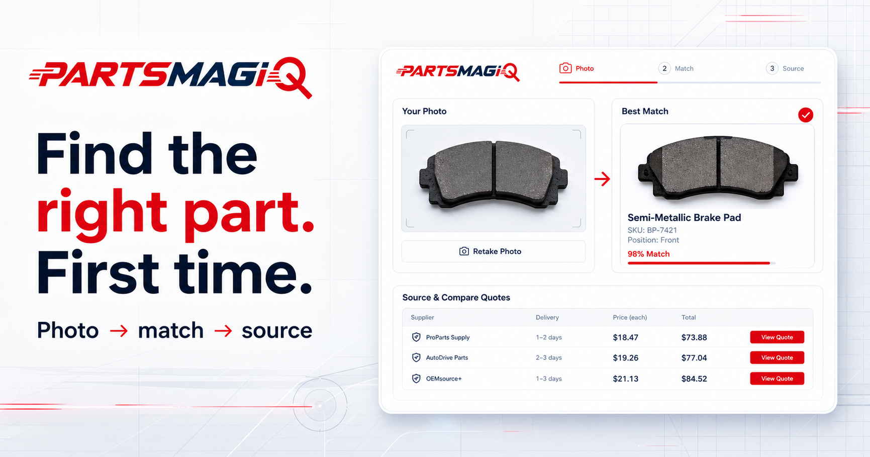 PARTSMAGiQ interface matching a photographed brake pad and comparing three supplier quotes